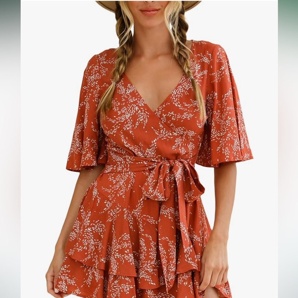Relipop | Women's Summer Romper Floral V Neck Short Sleeve Waist Tie Romper